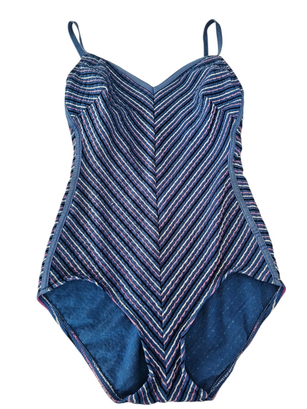 VTG 80s 90s Robby Len One Piece Swimsuit Chevron Stripe Blue Purple Size 12 USA
